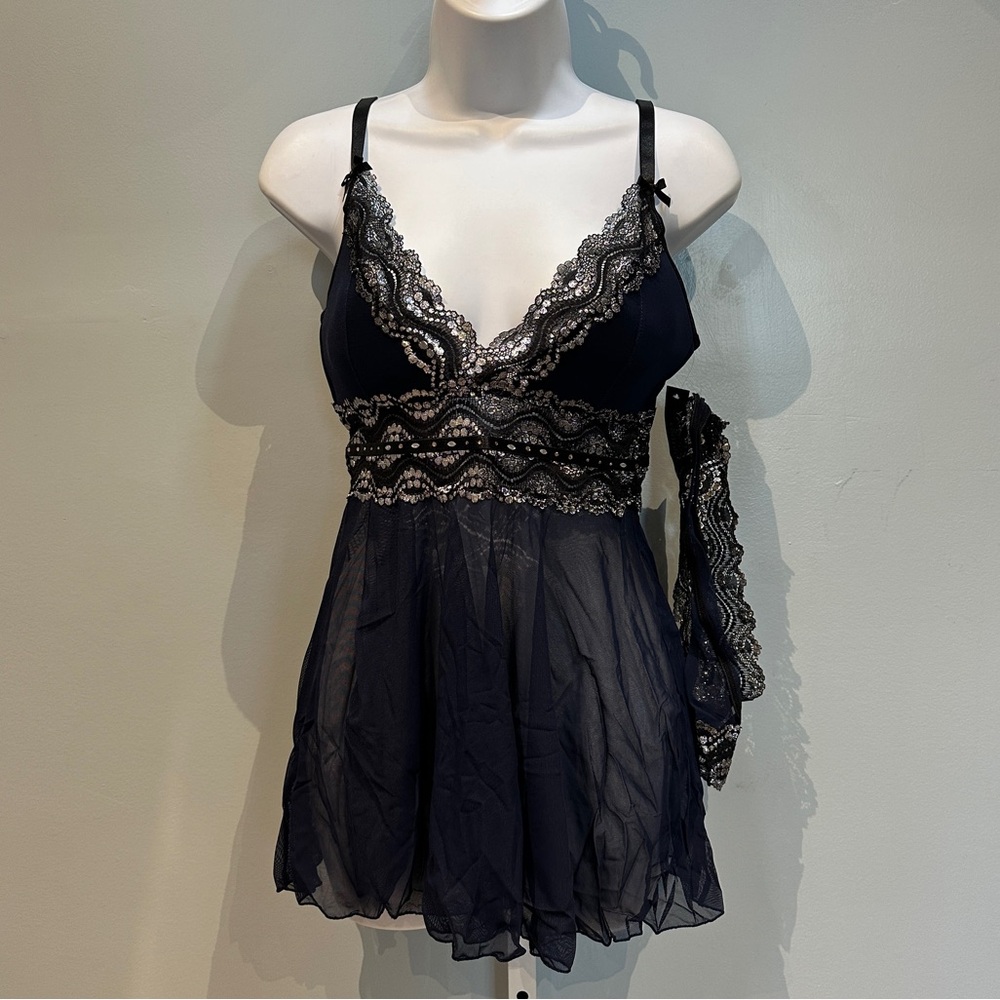 Yandy Blue Black Silver Babydoll Dress Slip with Thong Medium New with Tags